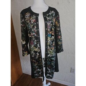 Multiples‎ Black Floral Cardigan Embroidered Duster Snap Front Jacket Size XL